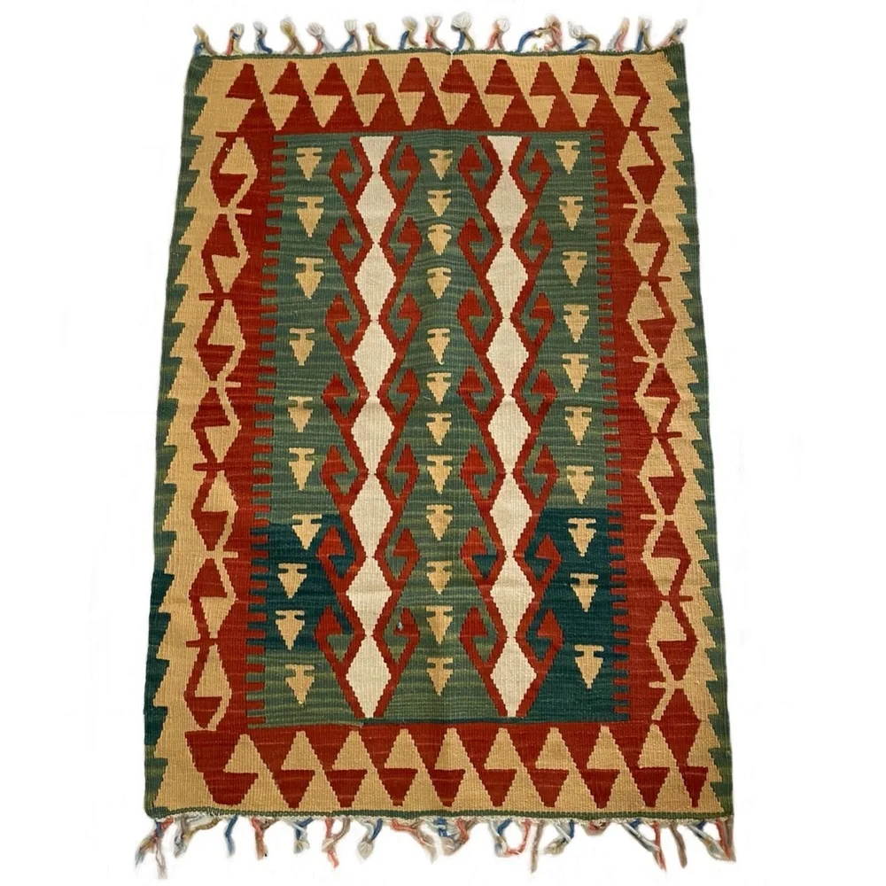 Vintage Bohemian Aztec Kilim Rug Wall Tapestry Accent Rug 50”X34”